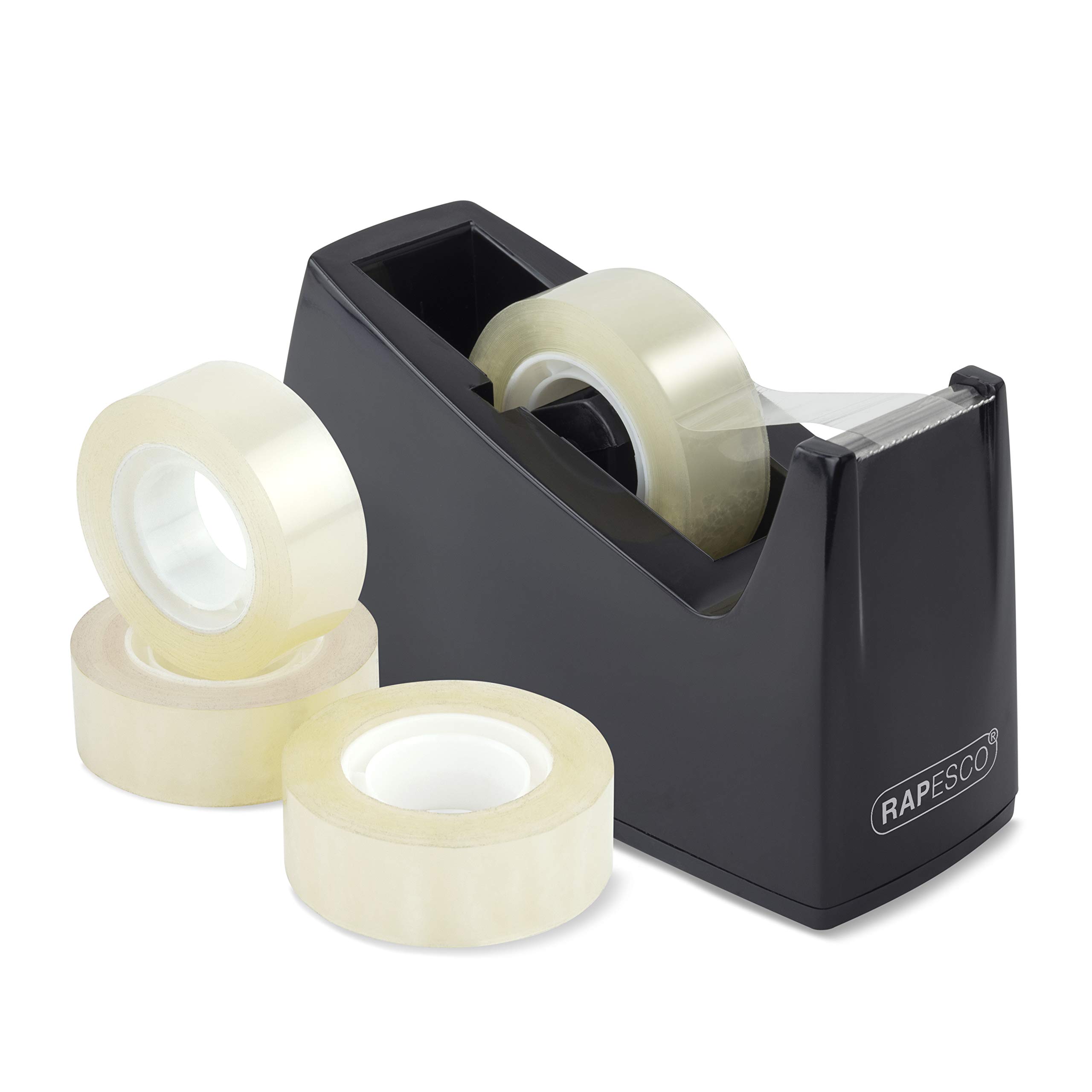 Rapesco 1619 300 Tape Dispenser for Rolls with 1" (25 mm) Core, Includes 4 Tape Rolls, Black