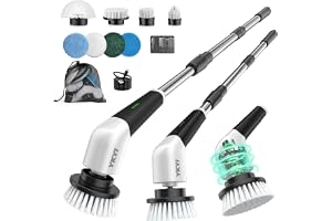 YKYI Electric Spin Scrubber, Cordless Power Scrubber Cleaning Tool with 8 Replaceable Heads and Extension Handle for Bathroom, Tub, Tile, Floor, Grout and Car (White)