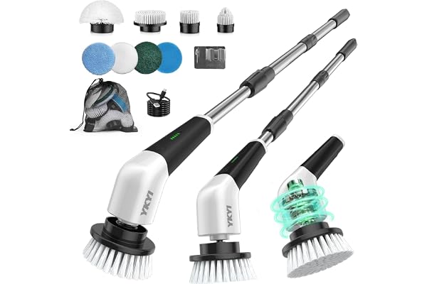 YKYI Electric Spin Scrubber, Cordless Cleaning Brush, White | 8 Replaceable Brush Heads, Adjustable Extension Handle, For Bat