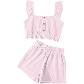Ecolala Girl's Summer Clothing Sets Knit Ruffle Striped T-Shirt and Shorts 2 Piece Outfits