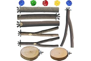 XXMBBJY 8 PCS Natural Wood Bird Perches Stand for Cage, 5 PCS Parrot Rattan Balls, Wooden Hanging Multi-Branch Perches Platform, Hammock Swing Toy for Parakeets, Budgies, Cockatiels, Conures, Macaws (13 PCS)