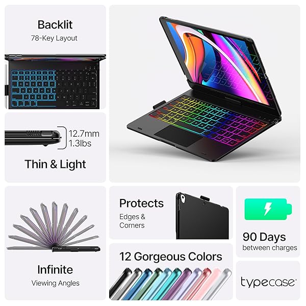 TYPECASE TOUCH FOR IPAD 9TH GENERATION CASE WITH KEYBOARD (10.2″, 2021),MULTI-TOUCH TRACKPAD,10 COLOR BACKLIGHT, 360° ROTATABLE, THIN & LIGHT FOR 8TH GEN (2020),7TH GEN (2019), AIR 3,PRO 10.5 (BLACK).