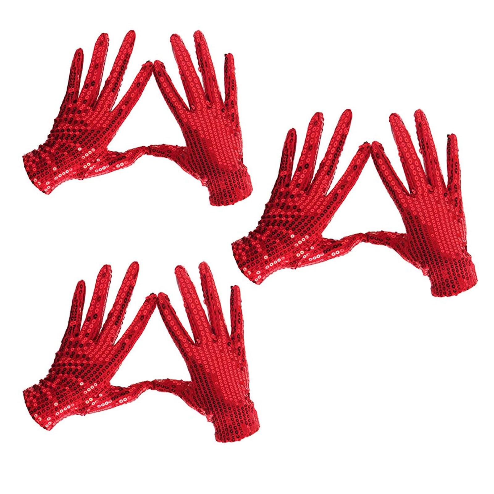 3Pairs Sparkling Sequin Glove Mesh Glitter Sequin Dance Glove for Cosplay Party Dress Costume Accessory (Red, One Size)