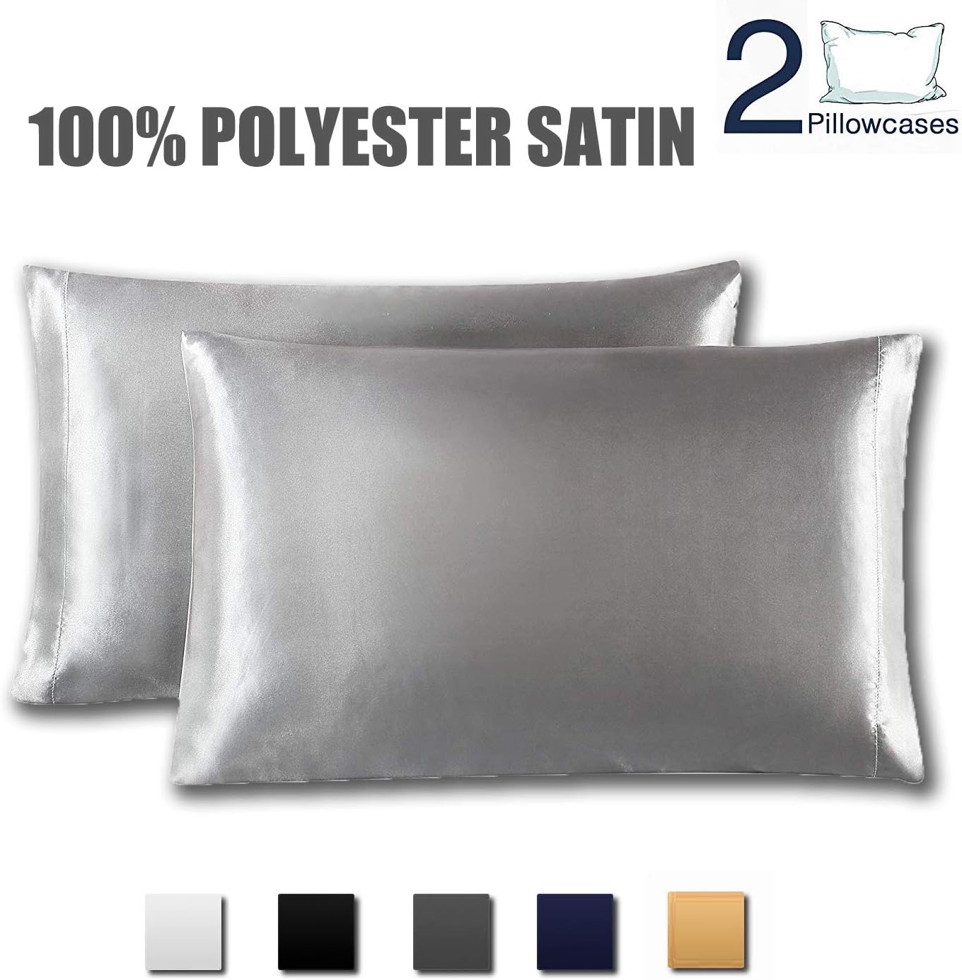 Rhyl Pillow Cover Super Soft and Luxury Pillow Cases Covers with Envelope Closure, Satin Pillowcases for Hair and Skin, Hypoallergenic Anti-Wrinkle 2PCS (Light Grey, King)