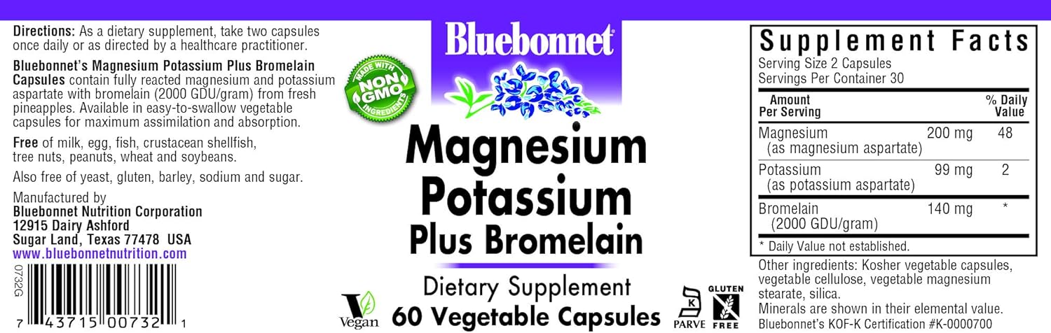 BlueBonnet Magnesium Potassium Plus Bromelain Vegetarian Capsules, 60 Count: Health & Personal Care
