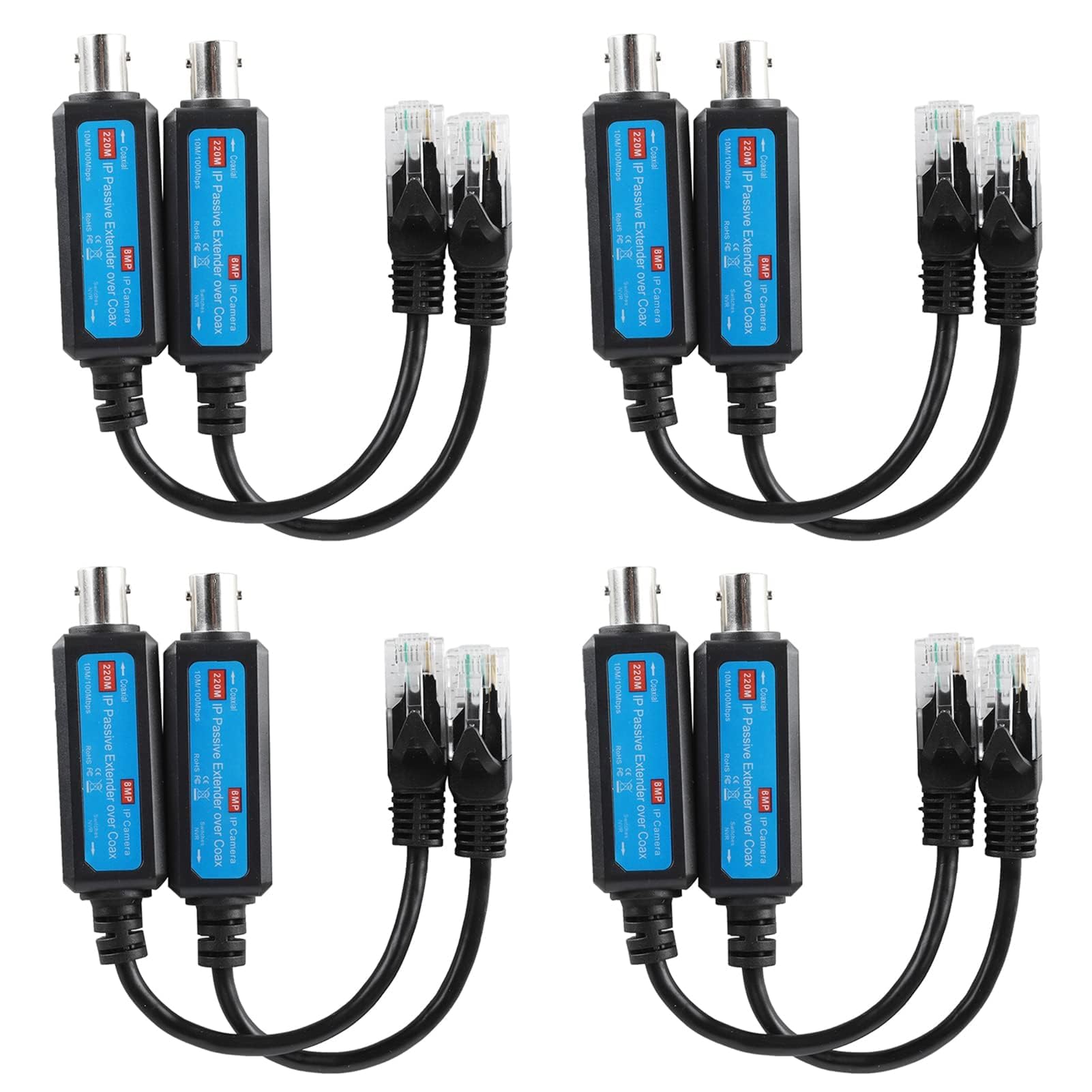 Agatige IP Network Transmitter, IP Passive Extender Ethernet Over Coax, 10/100Mbps 1CH IP Network Coaxial Transmitter Receiver Extender Coax Cable for IP NVR Camera (4 Pairs)