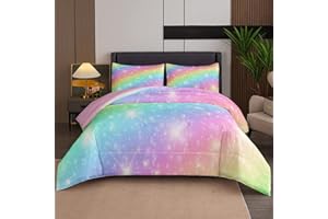 NINENINE Rainbow Bedding Girls Full Size Comforter Sets 5PCS Girls Pink Bedding Set Teen Girl Comforter Set(1Comforter, 1Flat Sheet, 1Fitted Sheet, 2Pillowcases)…