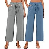 Neer 2 Pack Women’s Linen Pants with Pocket, Casual Summer Drawstring Beach Pants High Waisted Wide Leg Loose Palazzo Trouser