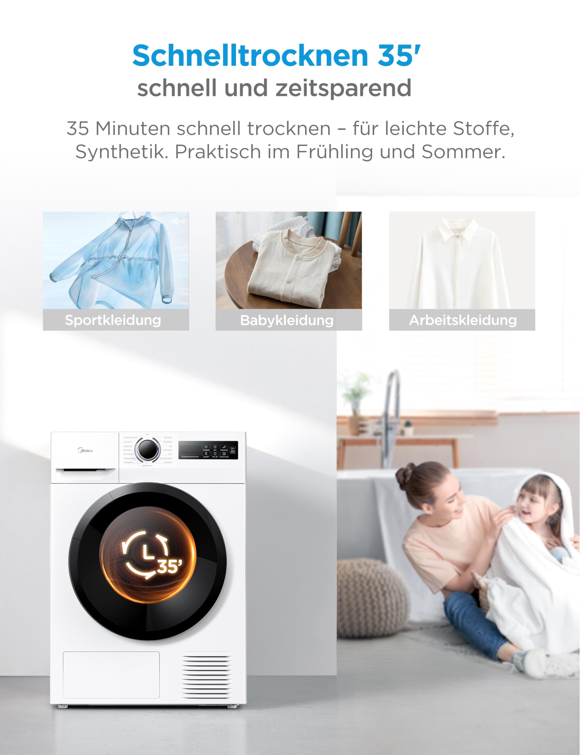 Midea MD11EH80BD Wärmepumpentrockner, 8 kg, Energieklasse D, Schnelltrocknen 35', HealthGuard, Sensor-Trocknung,Auffrischen,Knitterschutz, Auffrischen Wolle, Weiß 8