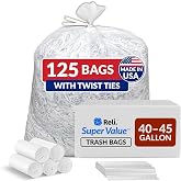 Reli. Clear Trash Bags w/Twist Ties (125 Count) | Heavy Duty | 40-45 Gallon, USA-made Clear Bags w/ Twist Ties | Clear Garbage Bags, 40 to 45 Gallon Star Seal Leak-Proof, Heavy Duty, Large