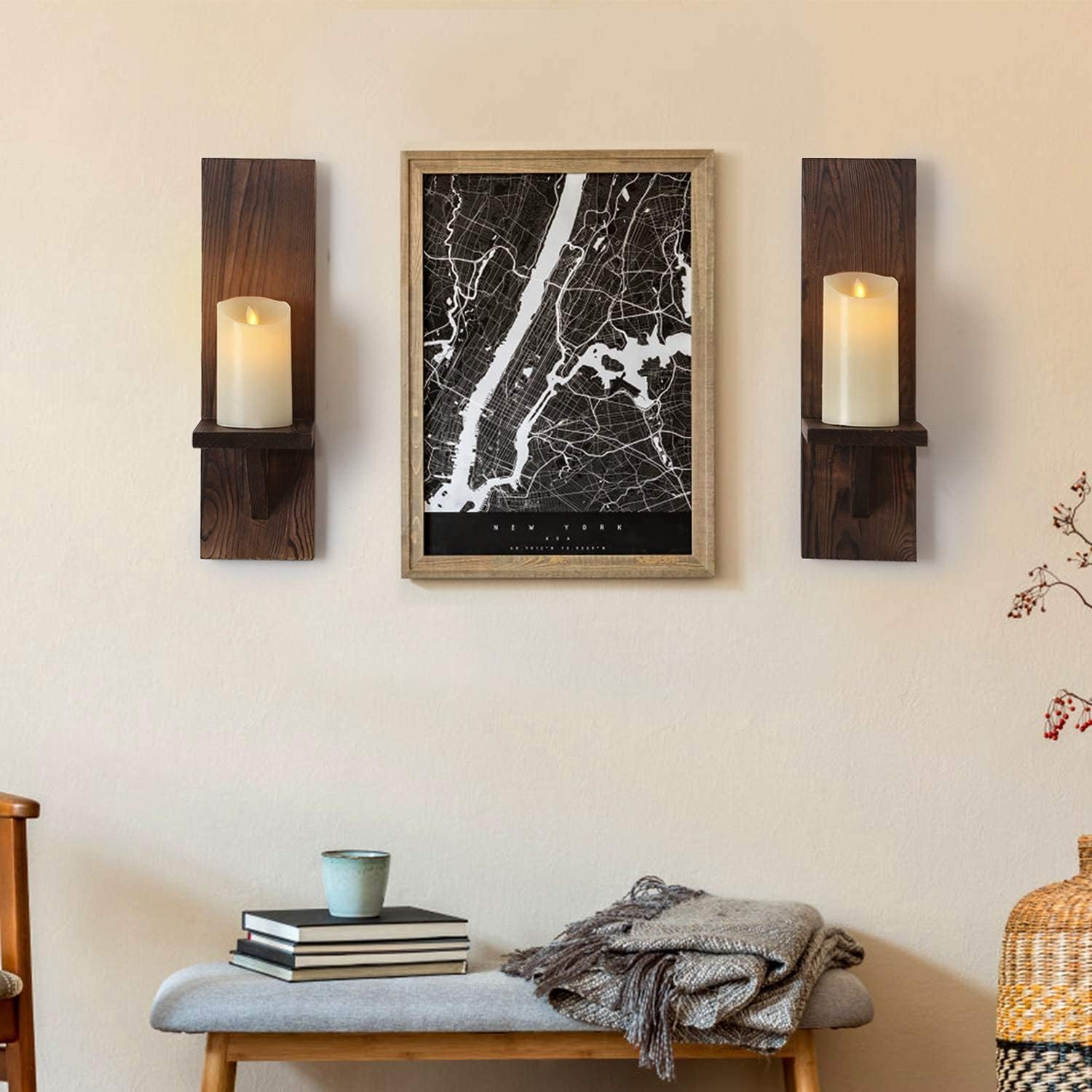 DOCMON Wall Sconce Candle Holder, Wall Mount Wooden Candle Holders, Rustic Wall Decor Floating Shelves, Farmhouse Candle Flowers Vase Wall Shelf for Bathroom Bedroom Living Room, Set of 2: Kitchen & Dining