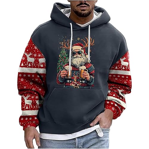Men's Hoodie Christmas Costume 3D Printed Reindeer Long Sleeve Jumper Christmas Hoodies for Men Ugly Xmas Jumper Sweaters Pullover Xmas Sweatshirt Jumpers | Santa Sweatshirt Festive Sweater Navy