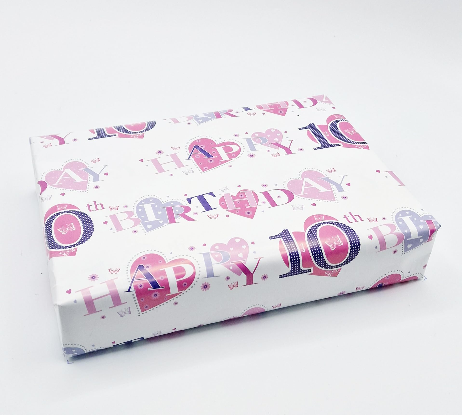 2 Sheets + 2 Gift Tags Heart Design 10th Birthday Pink Female Wrapping Paper Age 10 Birthday Gift Wrap Paper Pink Female (PA)