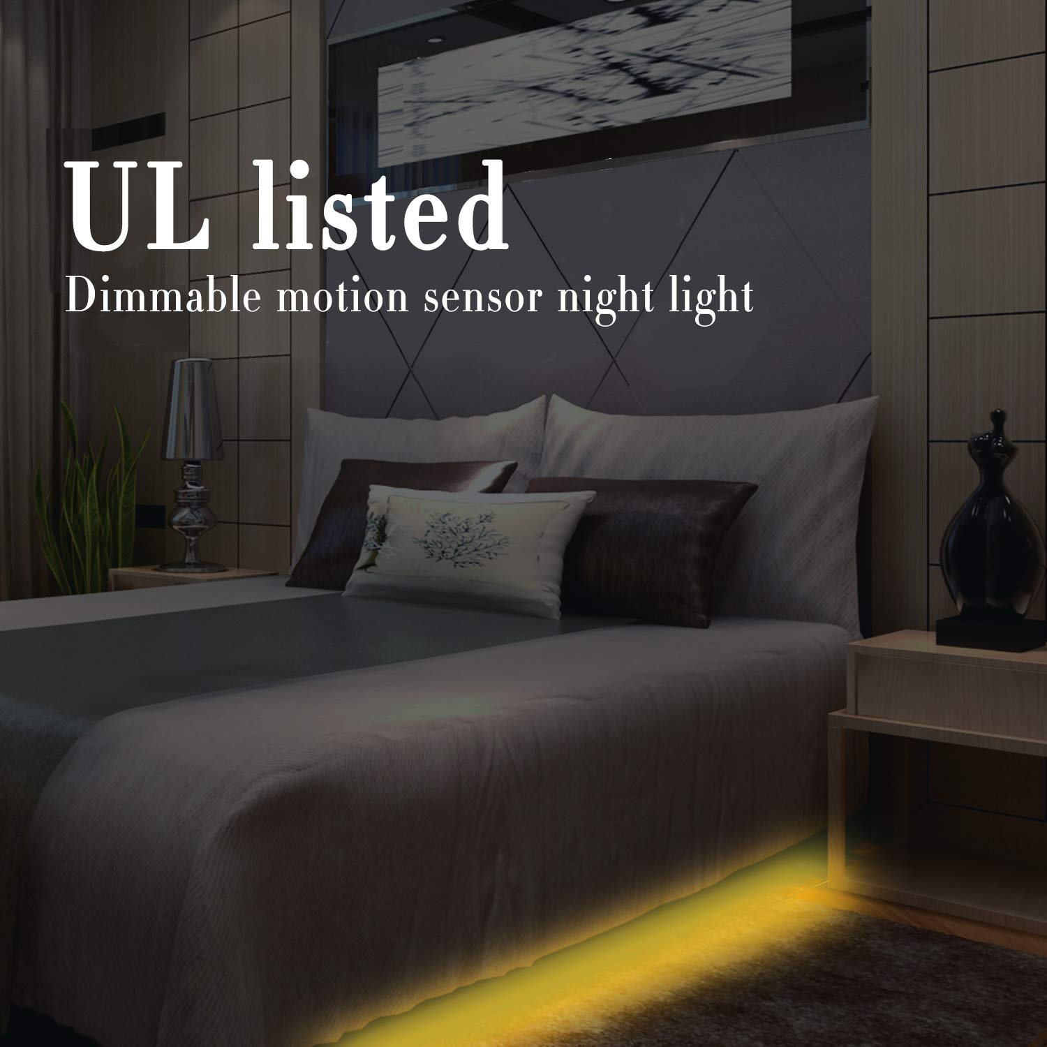 Under Bed Strip Light Motion Activated, UL Listed Dimmable LED Night Lighting with Motion Sensor & Automatic Shut-Off Timer for Indoor Single Bed or Stairway, 4FT 12V 3000K Warm White