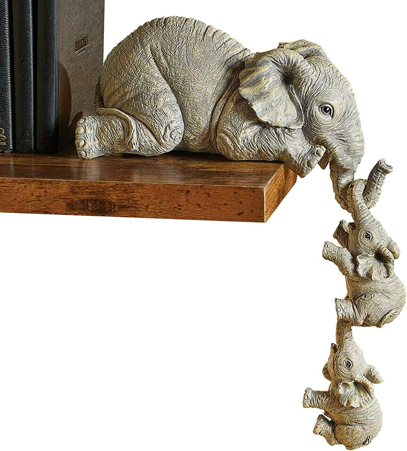 RahTune Elephant Sitter Hand-Painted Figurines - Set of 3, Mother and Two Babies Hanging Off The Edge of a Shelf or Table