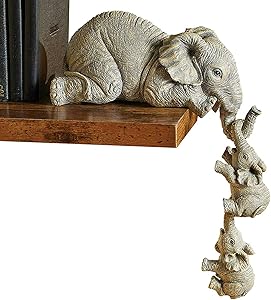 RahTune Elephant Sitter Hand-Painted Figurines - Set of 3, Mother and Two Babies Hanging Off The Edge of a Shelf or Table