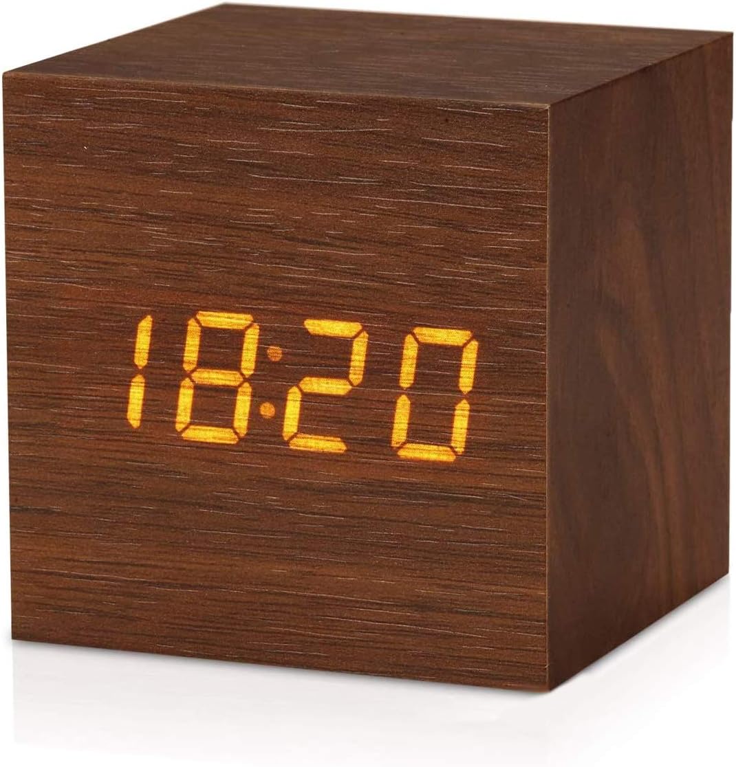 Digital Alarm Clock for Bedrooms with 3 Alarms Setting,7 Levels Brightness,Wooden Electronic LED Display,Temperature and Date Detect (Brown)