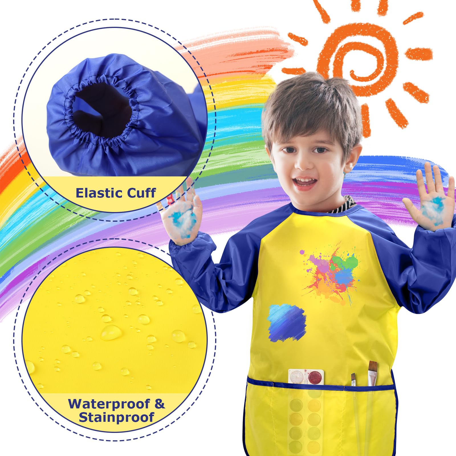 Kids Painting Apron 2 Pack, Waterproof Toddler Art Smock, Artist Smock for Kids Age 2-8 with Long Sleeve and 3 Pockets