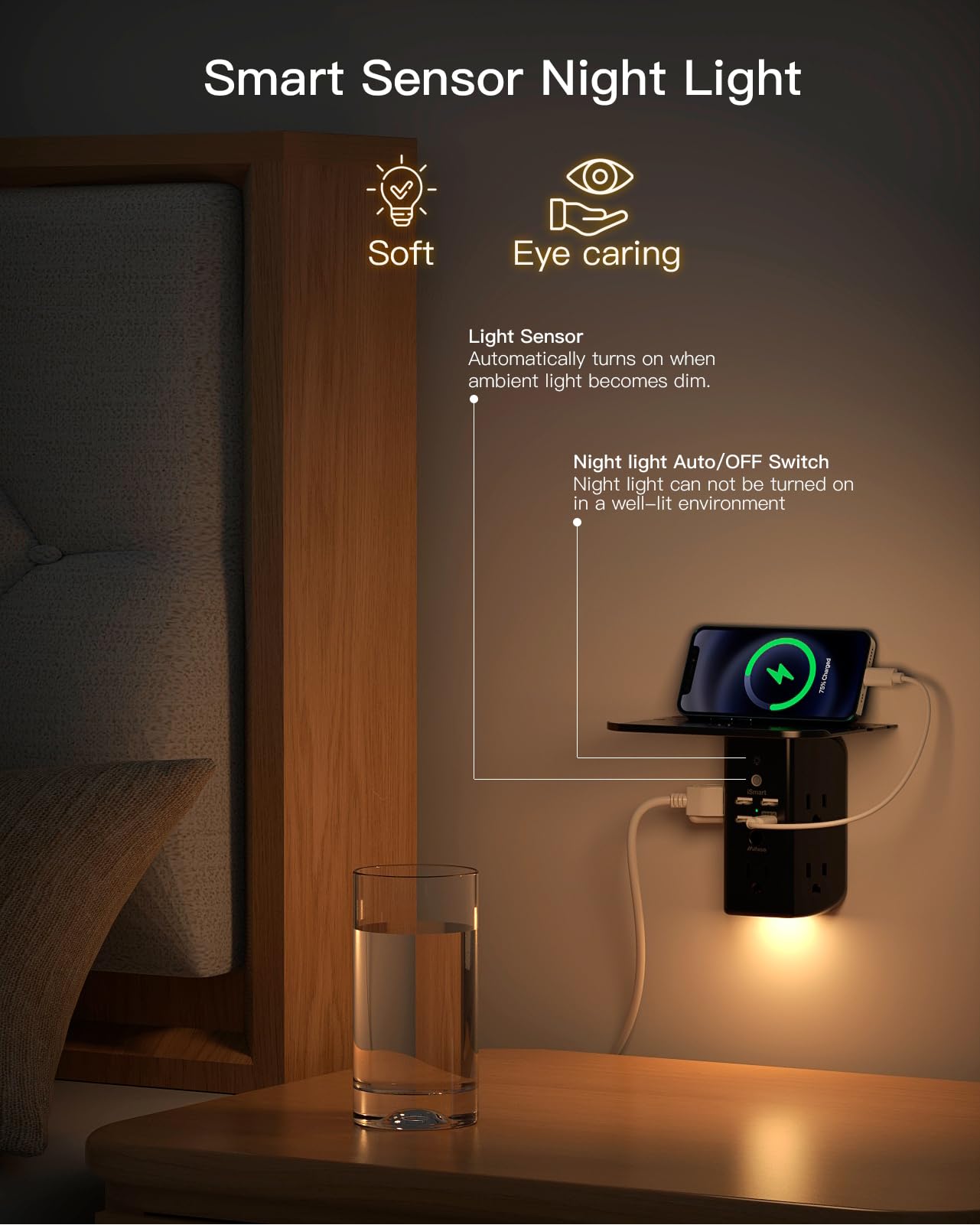 Wall Outlet Extender with Shelf and Night Light,Surge Protector,USB Wall Charger with 5 USB Outlets and 3 USB Ports 1 USB C Outlet