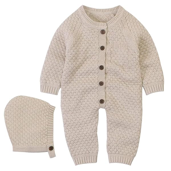 OLSCROM BABY NEWBORN KNITTED SWEATER ROMPER LONGSLEEVE OUTFIT COTTON JUMPSUIT WITH WARM HAT SET LIGHT CAMEL