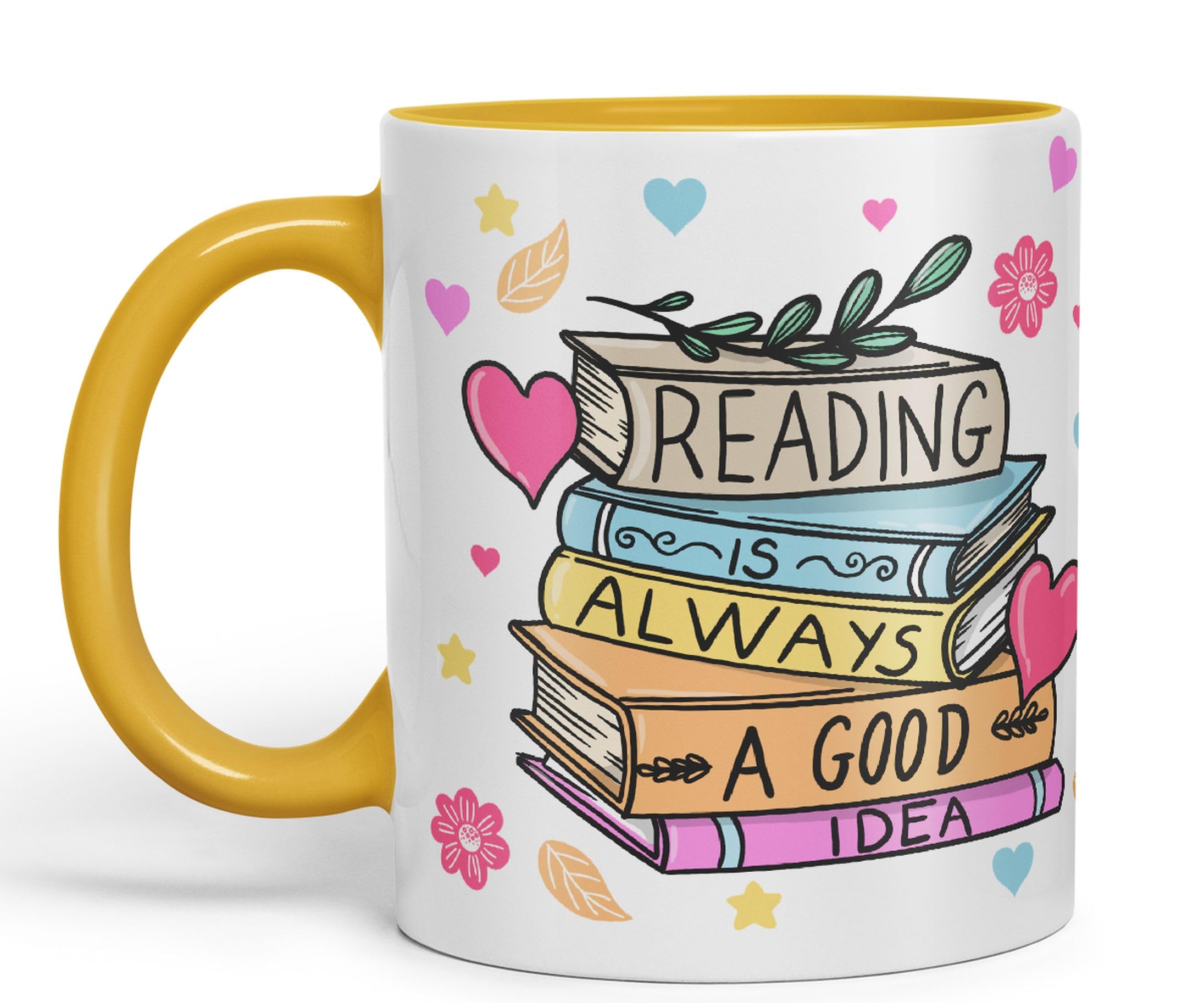 Vixar Reading is Always a Good Idea Book Reader Gift Presents Coloured Ceramic Mug Cup Gift 330ml 11oz Work Office Tea Coffee (G Yellow)