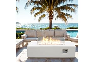 EXPLUX Outdoor Propane Gas Fire Pit Table 65,000 BTU 52-inch Concrete(GFRC) Rectangle Fire Pit for Outside Patio with 304 Stainless Steel Burner,Wind Guard,Crystal Blue Fire Glass,Rain Cover,White