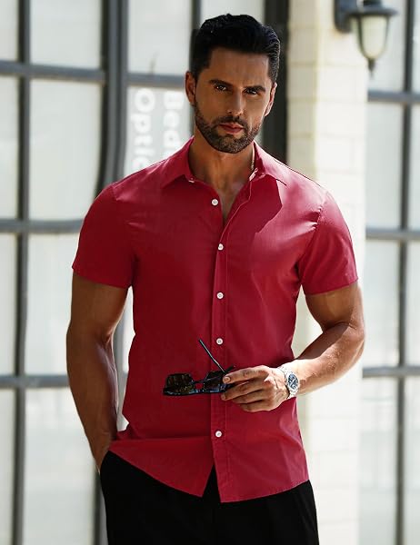 LETSEE MEN’S BUSINESS DRESS SHIRTS WRINKLE FREE SHORT SLEEVE CASUAL BUTTON DOWN SHIRT, WINE RED, 3X-LARGE