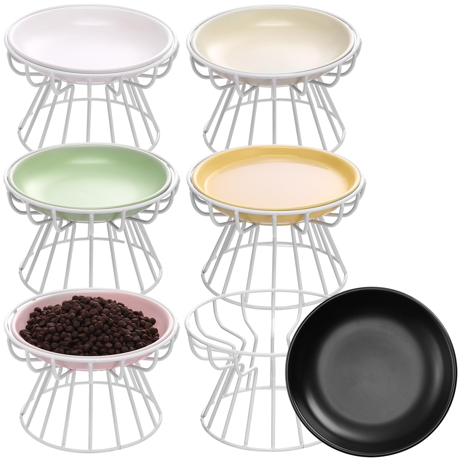 Photo 1 of Hushee 6 Pcs Raised Cat Bowls Elevated Ceramic Cat Food Bowls with Metal Stand Anti Vomit Feeding Dishwasher Safe Shallow Ceramic Water Food Plate for Kitten Small Dogs
