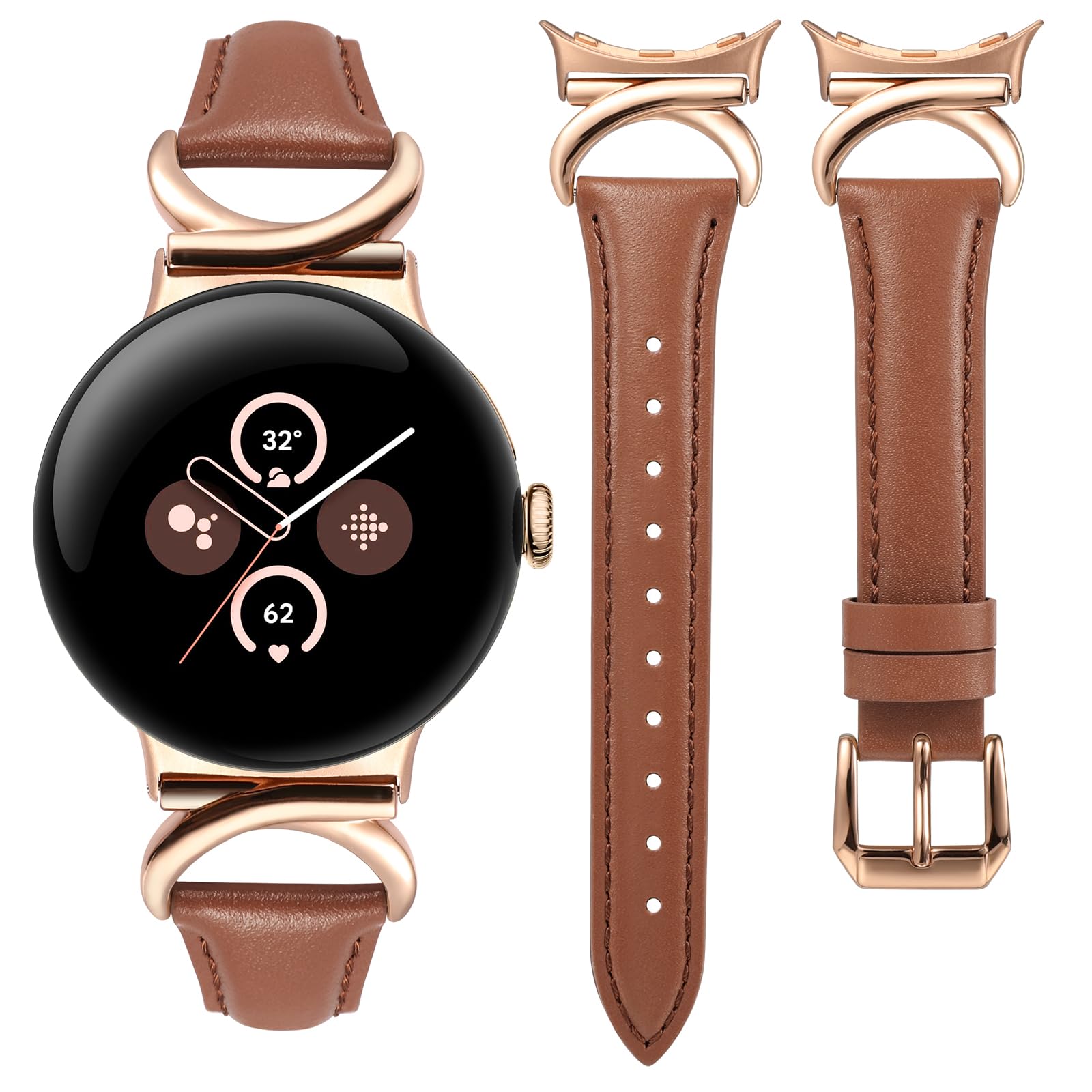 Photo 1 of Minyee Leather Band Compatible with Google Pixel Watch 4/3 41mm/Pixel Watch 2/1 Bands Women,Slim Thin Dressy Designer Premium Leather Strap with C-Shape Metal Buckle, Brown/Rose Gold