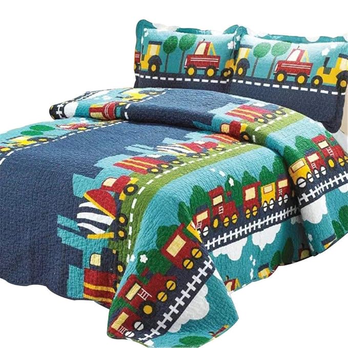 Abreeze 3pc Kids Bedding Set Boys Train Quilt Bedspread Set