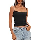 Darong Women Double Lined Square Neck Tank Top Adjustable Spaghetti Straps Basic Cami Shirt Built in Bra 9202 Black L