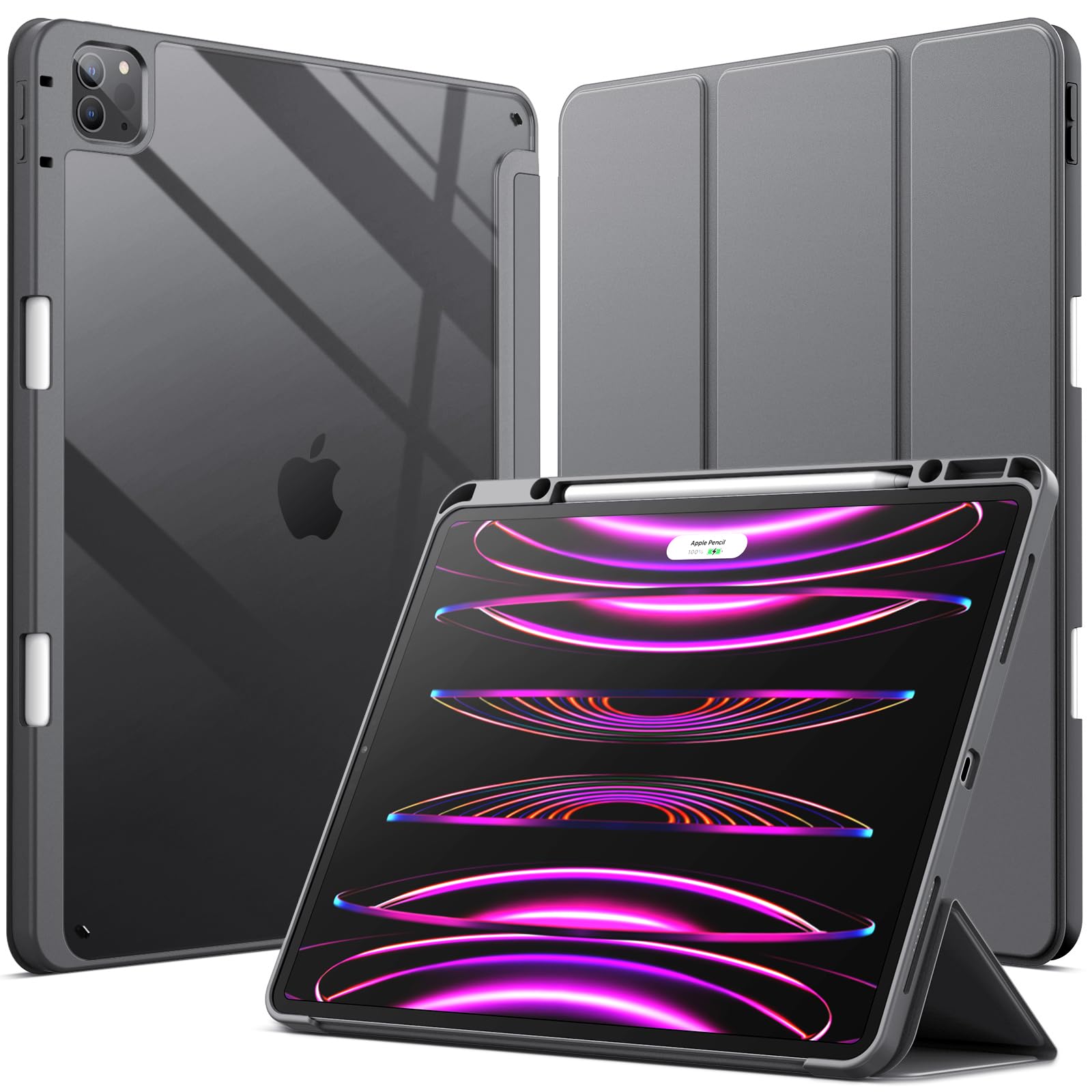 JETech Case for iPad Pro 12.9-Inch (2022/2021/2020/2018) with Pencil Holder, Clear Transparent Back Shell Slim Stand Shockproof Tablet Cover, Auto Wake/Sleep (Space Gray)