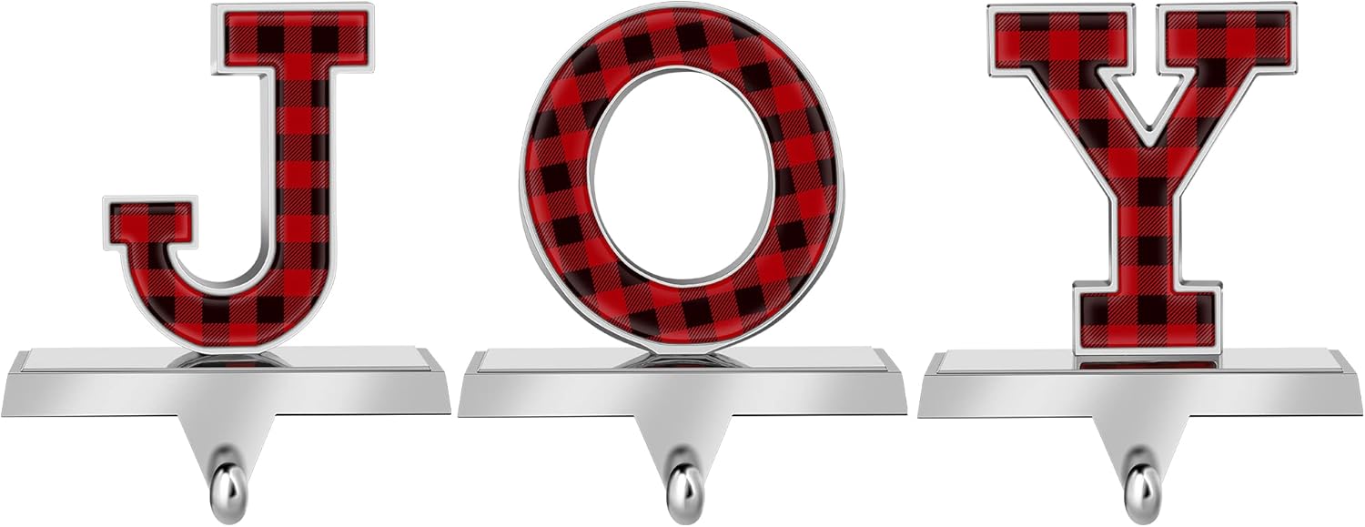 Ornament Hooks - MCEAST Set of 3 Christmas Stocking Holders Buffalo Plaid Joy Metal Stocking Hangers Mantel Hook Hangers Fireplace Stocking Hooks for Christmas Decoration