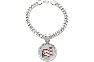 Icemond Rhinestone Studded Puerto Rico Flag Medallion Pendant 18"/26" Cuban Chain Fashion Costume Jewelry Necklace for Dogs Cats in Gold or Rhodium Tone (Rhodium - 18" Puerto Rico)