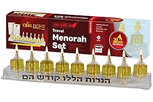 Ner Mitzvah On The Go Travel Menorah Set - 9 Pre-Filled Glass Cups Included - 100% Pure Olive Oil with 100% Cotton Wicks- Burns Approx. 2 1/2 Hrs