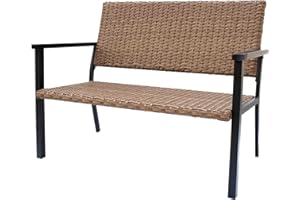 C-Hopetree Outdoor Loveseat Bench Chair for Outside Patio Porch, Metal Frame, Natural All Weather Wicker