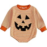 Karuedoo Newborn Baby Boy Girl Halloween Outfit Pumpkin Ghost Embroidery Stripe Long Sleeve Bubble Romper Waffle Bodysuit