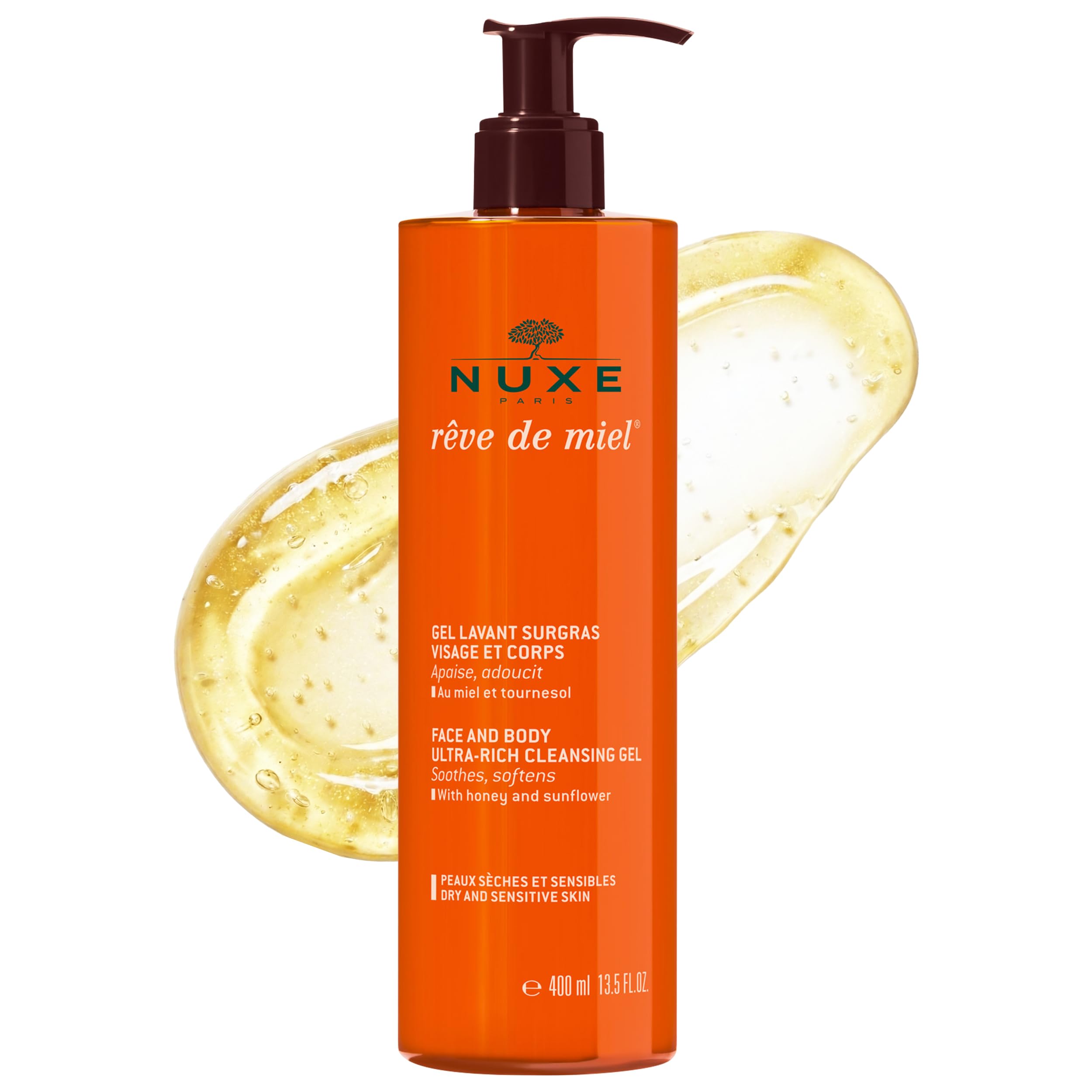 Nuxe Rêve de Miel Ultra-Rich Cleansing Gel 400ml, Gentle Face & Body Wash, For Dry & Sensitive Skin, Cleanses Without Drying, With Honey & Botanical Ingredients