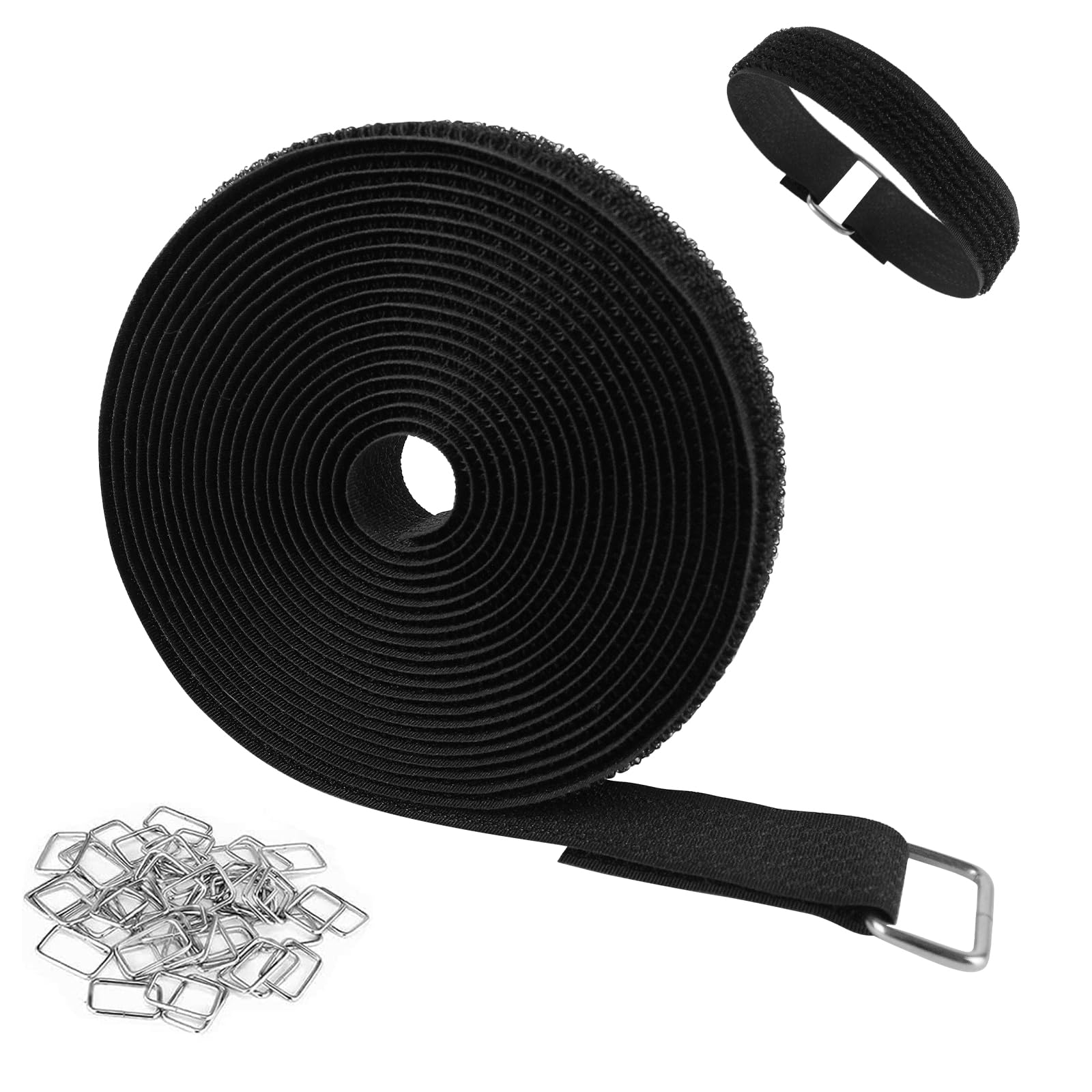 AUMAYCO 5m x 2cm Heavy Duty Hook and Loop Straps with 25 Metal Buckles, Adjustable Fastening Cable Ties, Free Cut Length, Reusable Nylon Cable Tidy Straps for Office Home and Wire Organiser