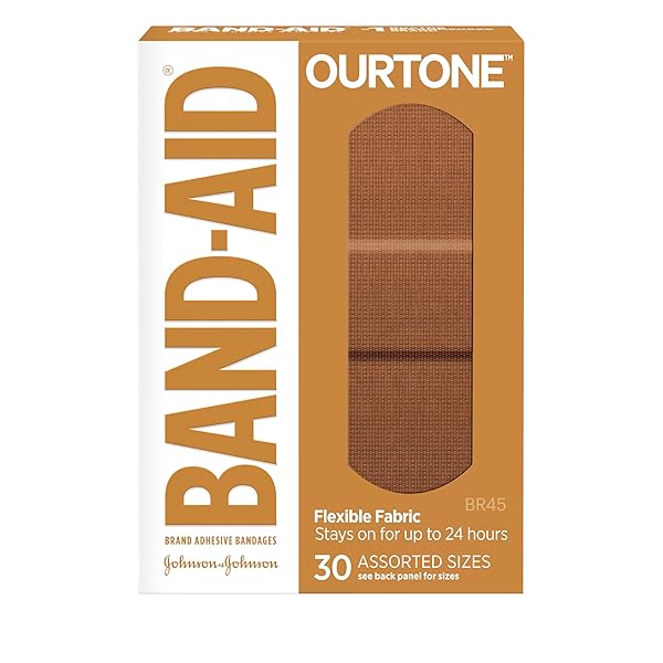 BAND-AID BRAND OURTONE ADHESIVE BANDAGES, FLEXIBLE PROTECTION & CARE OF MINOR CUTS & SCRAPES, QUILT-AID PAD FOR PAINFUL WOUNDS, BR45, ASSORTED SIZES, 30 CT