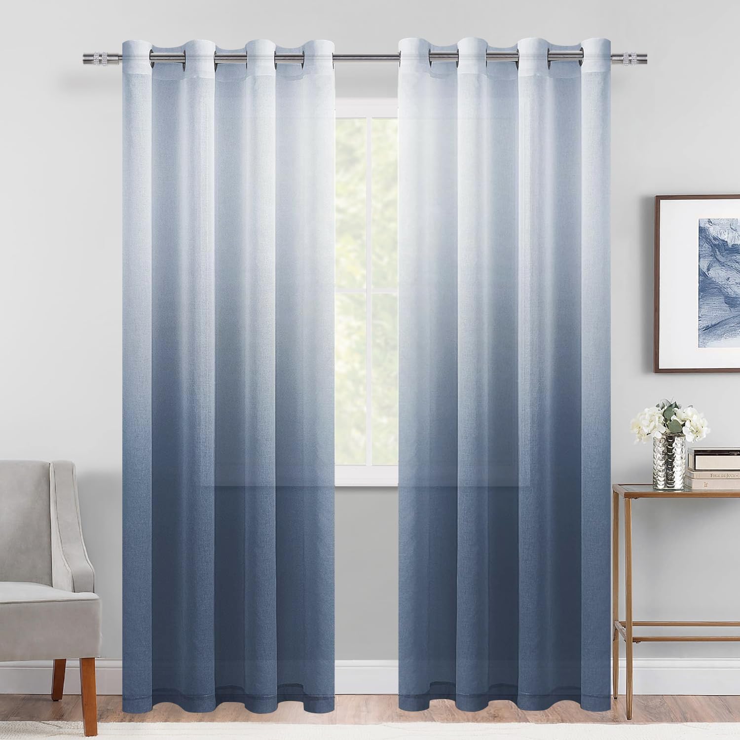 DWCN Sheer Curtains Faux Linen - Gradient Semi Voile Sheer Curtains with Grommet Top for Bedroom and Living Room, 52" x 84", Denim Blue, Set of 2