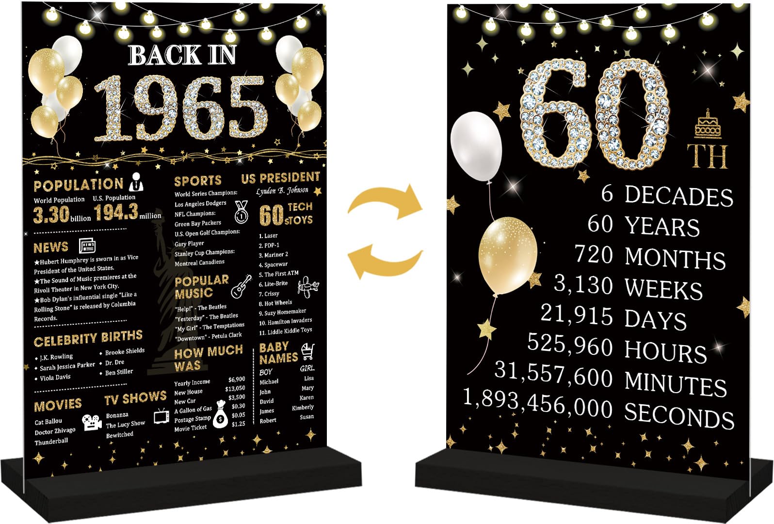 Photo 1 of Roetyce 60th Birthday Decorations Gift for Women Men, Black Gold Back in 1965 Poster Acrylic Sign Centerpiece(1PC Duplex Printing), 60th Anniversary Table Decor, 60 Years Old Birthday Party Supplies