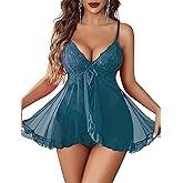 Avidlove Sexy Lingerie for Women Lace Babydoll Lingerie Dress Boudoir Lingerie V-Neck Front Open Ruffle Chemise