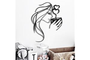LIYAOLI 3D Black Metal Coffee Wall Art Bar Sign Decor,Kitchen Line Art Wall Decor,Woman Drinking Coffee Wall Sculptures,Unique Modern Wall Art for Living Room,Bedroom