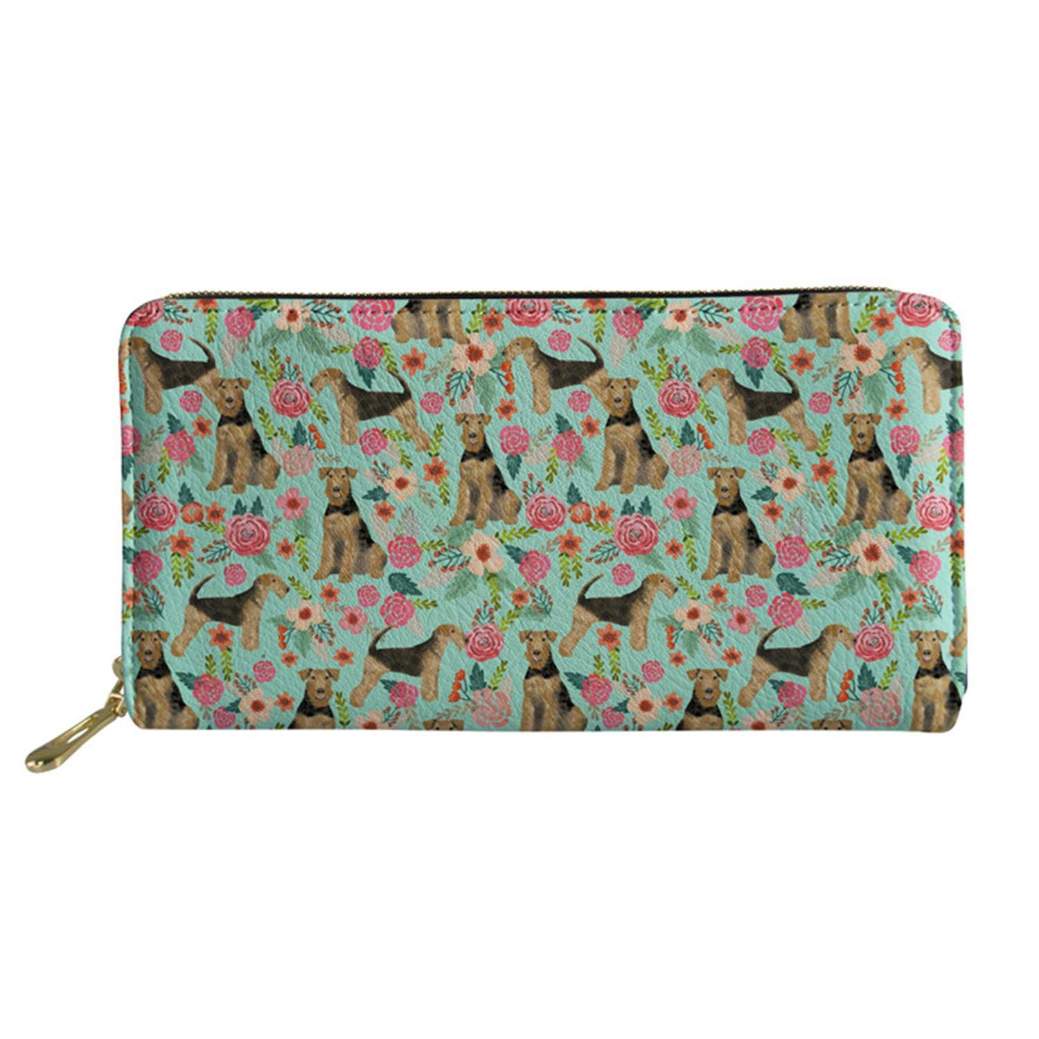 Airedale Terrier Dog Flower Women Soft Leather Purses Travel Wallet Shopping Pouch