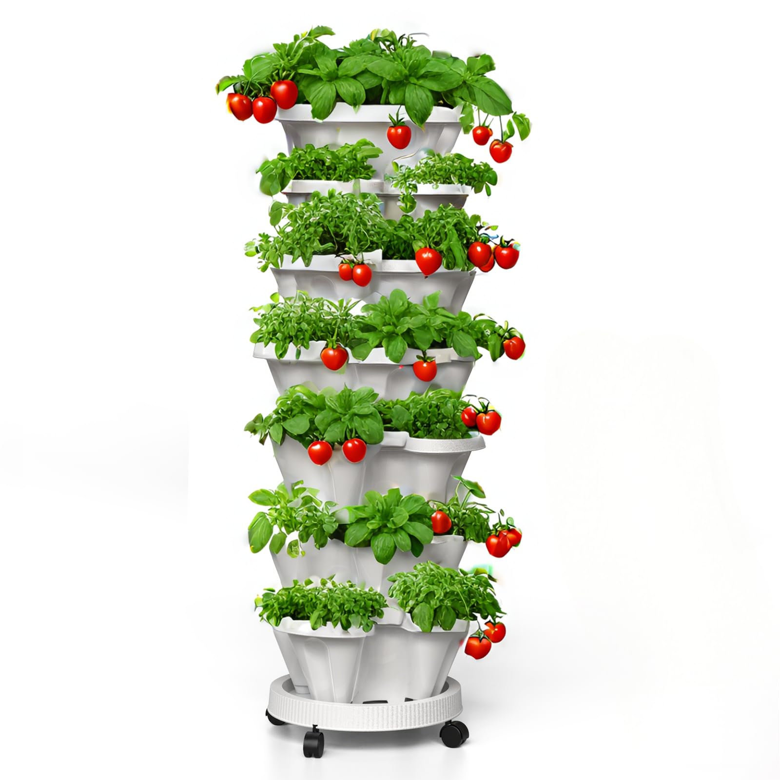Photo 1 of Lykvrii Strawberry Planters, 7 Tiered Vertical Stackable Planter, Herb Stacking Tower Garden, Flower and Vegetable Planters with Support Pole Indoor and Outdoor with Removable Wheels - White