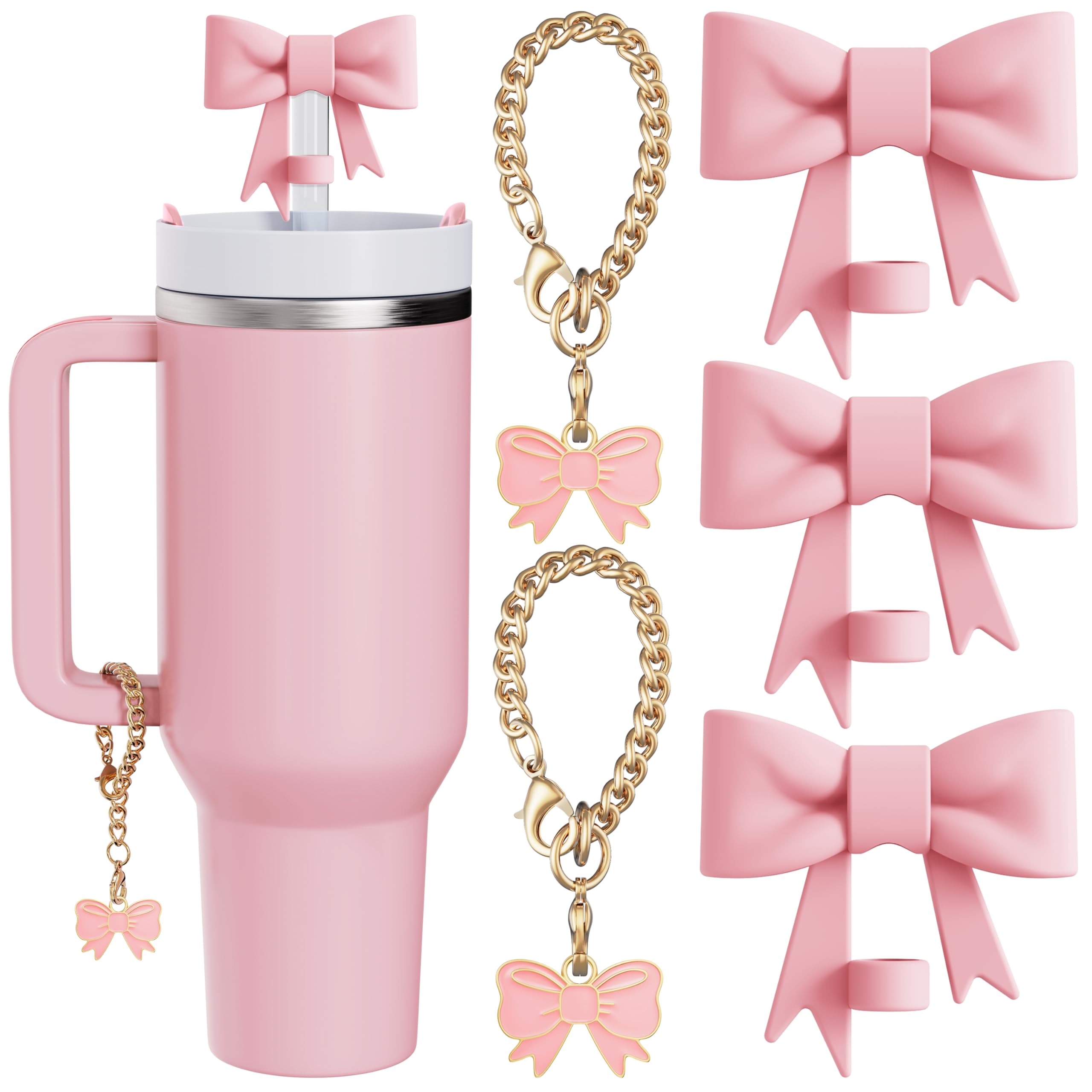 Photo 1 of ***DAMAGED - SEE NOTES/PICTURES*** Compatible with Stanley Cup Accessories - 3Pcs 10mm Bow Straw Topper Compatible with Stanley Cup Straw Cover Cap, 2pcs Pink Bow Charms for Stanley 30&40 Oz Tumbler with Handle