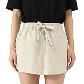 CLSEN Women 100% Linen Skirt Micro Mini Length High Waist Drawstring Pockets Casual Summer