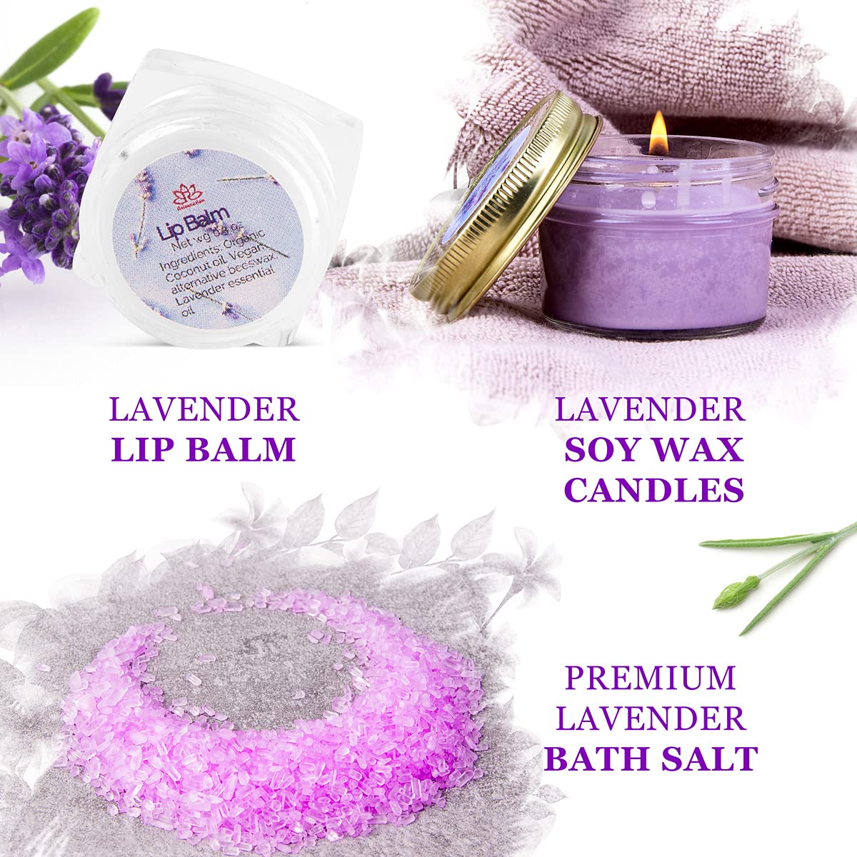 Made in USA Spa Gift Baskets for Women Organic Lavender, Bath and Body at Home, Spa Kit, Soy Wax Candle, Natural Oil Bath Salt, 3 Bath Bombs, Soap Bar, Body Sugar Scrub, for Mom, Girls