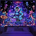 Amhokhui Blacklight Astronaut Tapestry UV Reactive Funny DJ Music Tapestry Trippy Aesthetic Tapestry Galaxy Space Tapestry Flower Wall Hanging Decor for Home